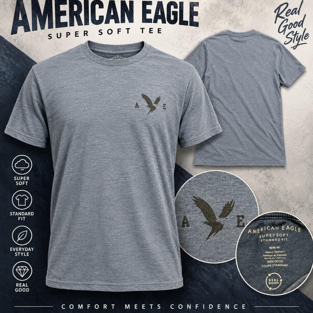American Eagle Super Soft Eagle Logo Tee Heather Blue Gray Size M Mens